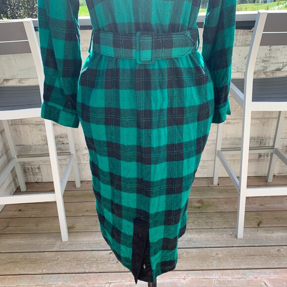 Vintage 80s Tartan Plaid Wool Long Sleeve Belted Sheath Shirt Dress - Picture 6 of 16
